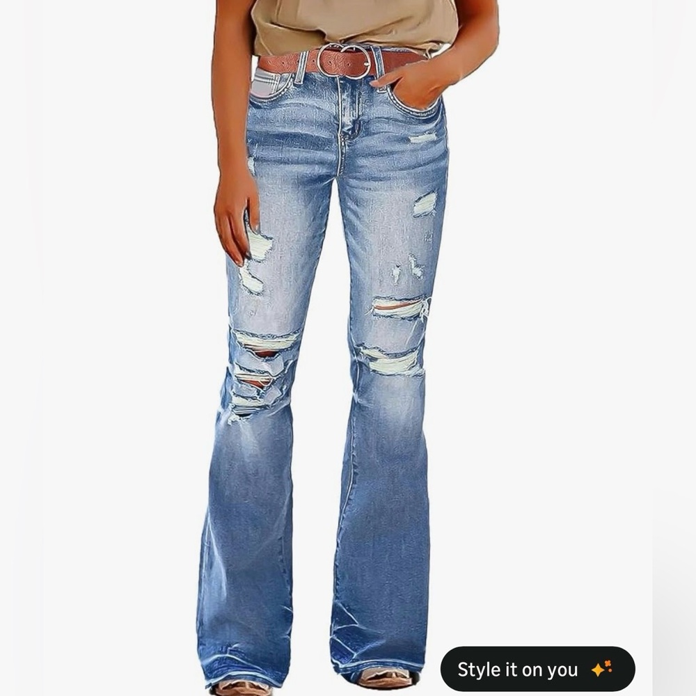Classic Distressed Flare Jeans - Light Blue - Picture 2 of 12